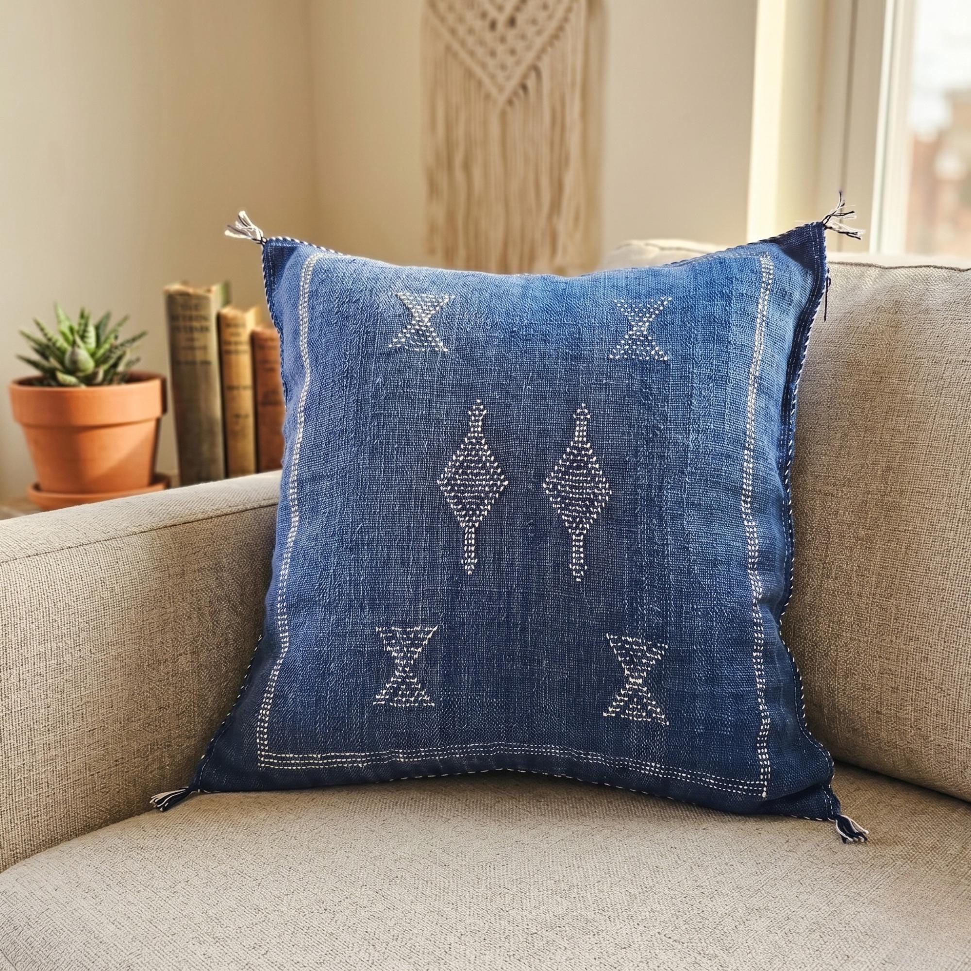 Berber Blue Cactus Silk Handmade Sabra Cushion Pillow