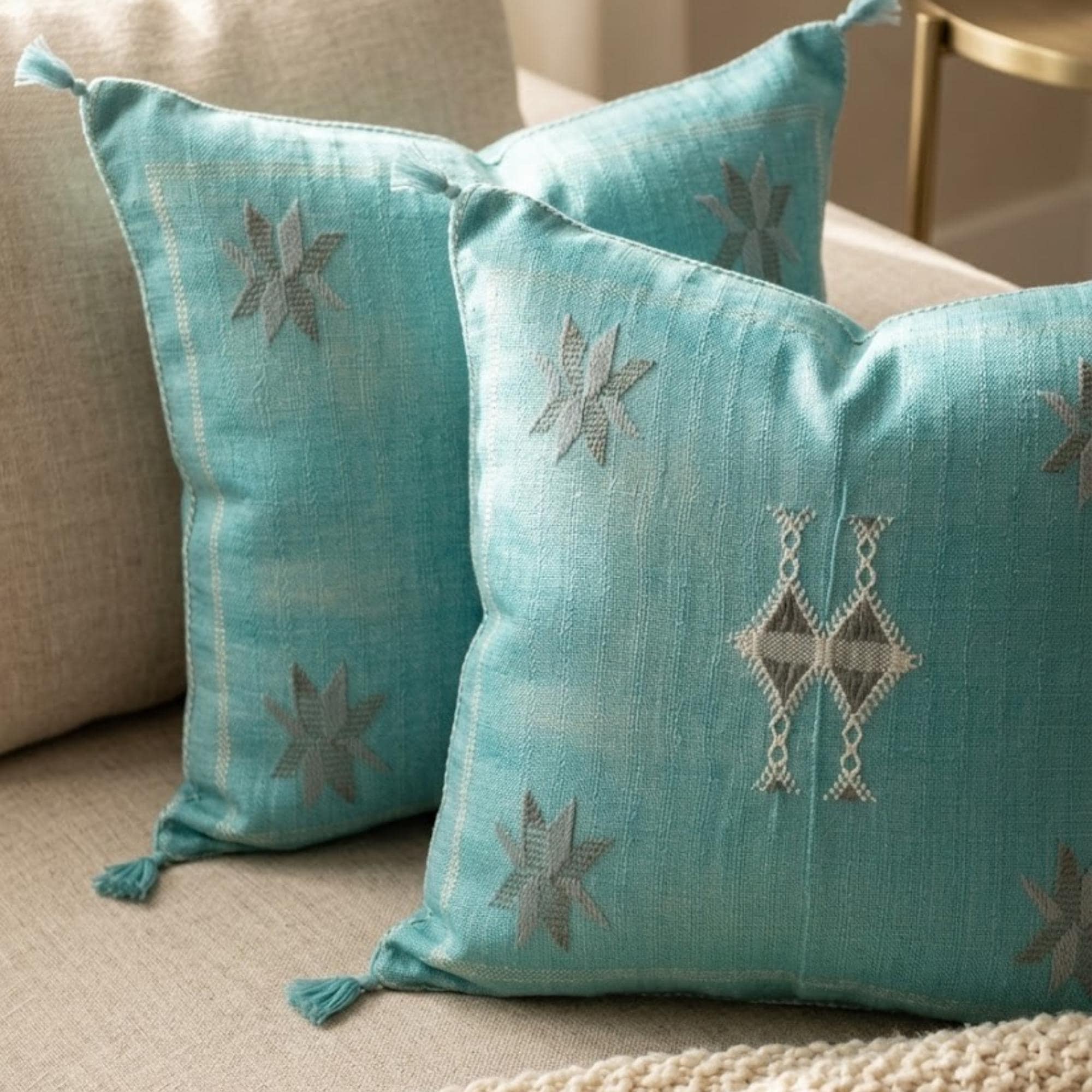 Berber Sky Blue Cactus Silk Handmade Sabra Pillow