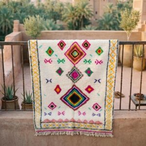 Amazigh Handmade Beni Ourain Wool Rug, Rainbow Diamond Shag Carpet, Boho Eclectic Ivory Pink Green