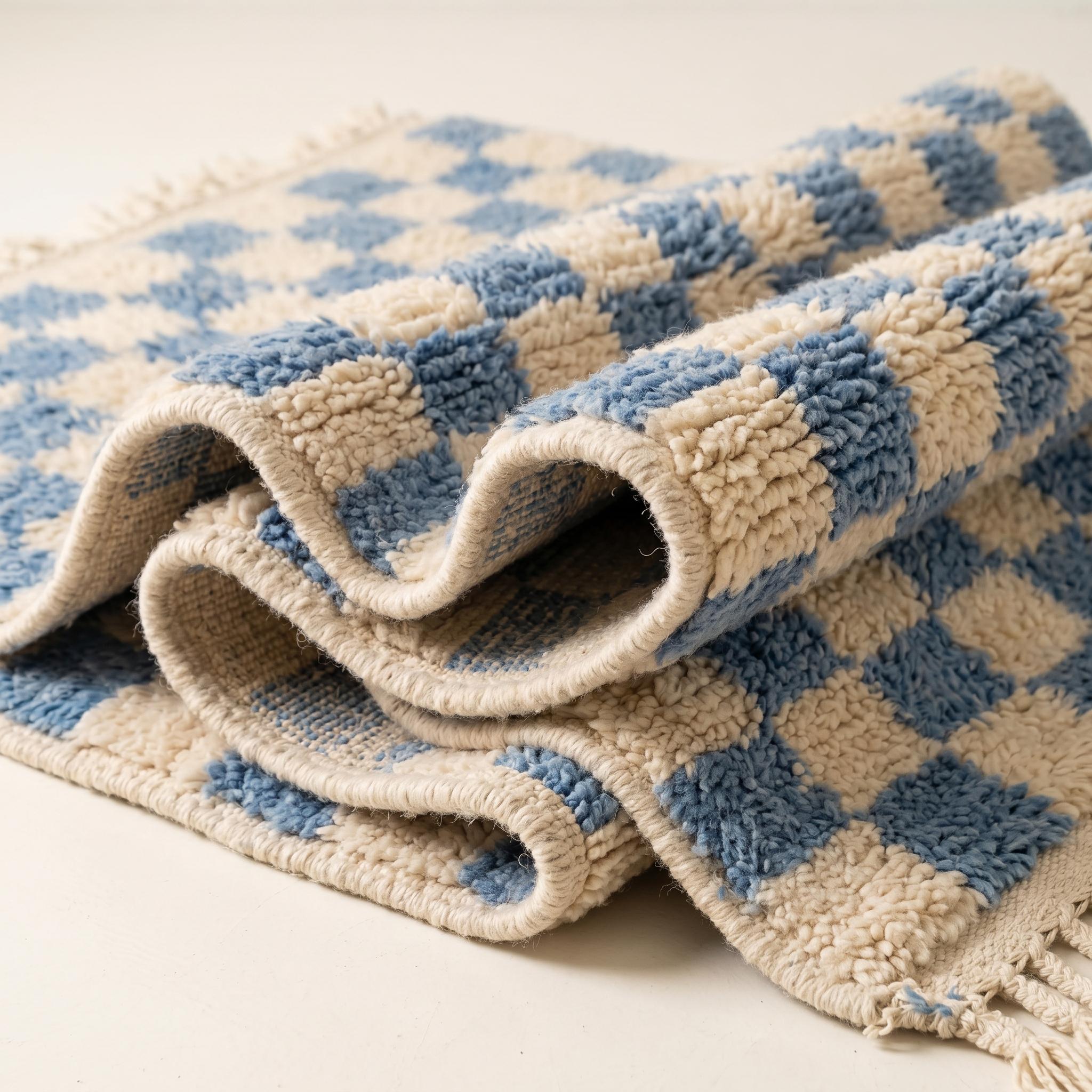 Checkered Rug - Sky Blue Ivory Wool Rug - Handmade Checker Rug - Coastal Area Rug - Soft Berber Carpet - Multiple Sizes