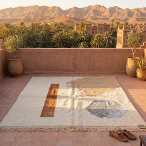 Berber Authentic Beni Ourain Rug, Abstract Rust Beige Wool Carpet, Plush Shag Living Room Decor
