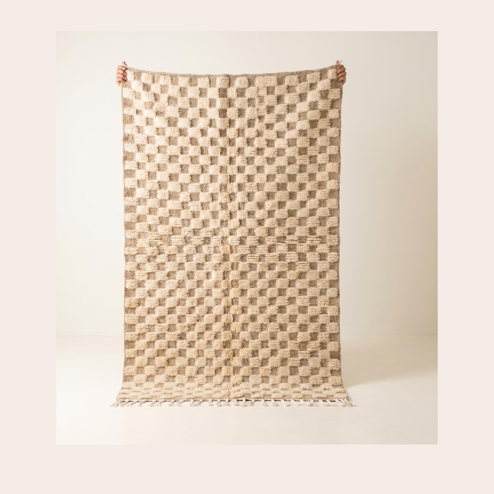 Checkered Rug - Ivory Beige Wool Rug - Handmade Checker Rug - Japandi Area Rug - Neutral Berber Carpet - Multiple Sizes