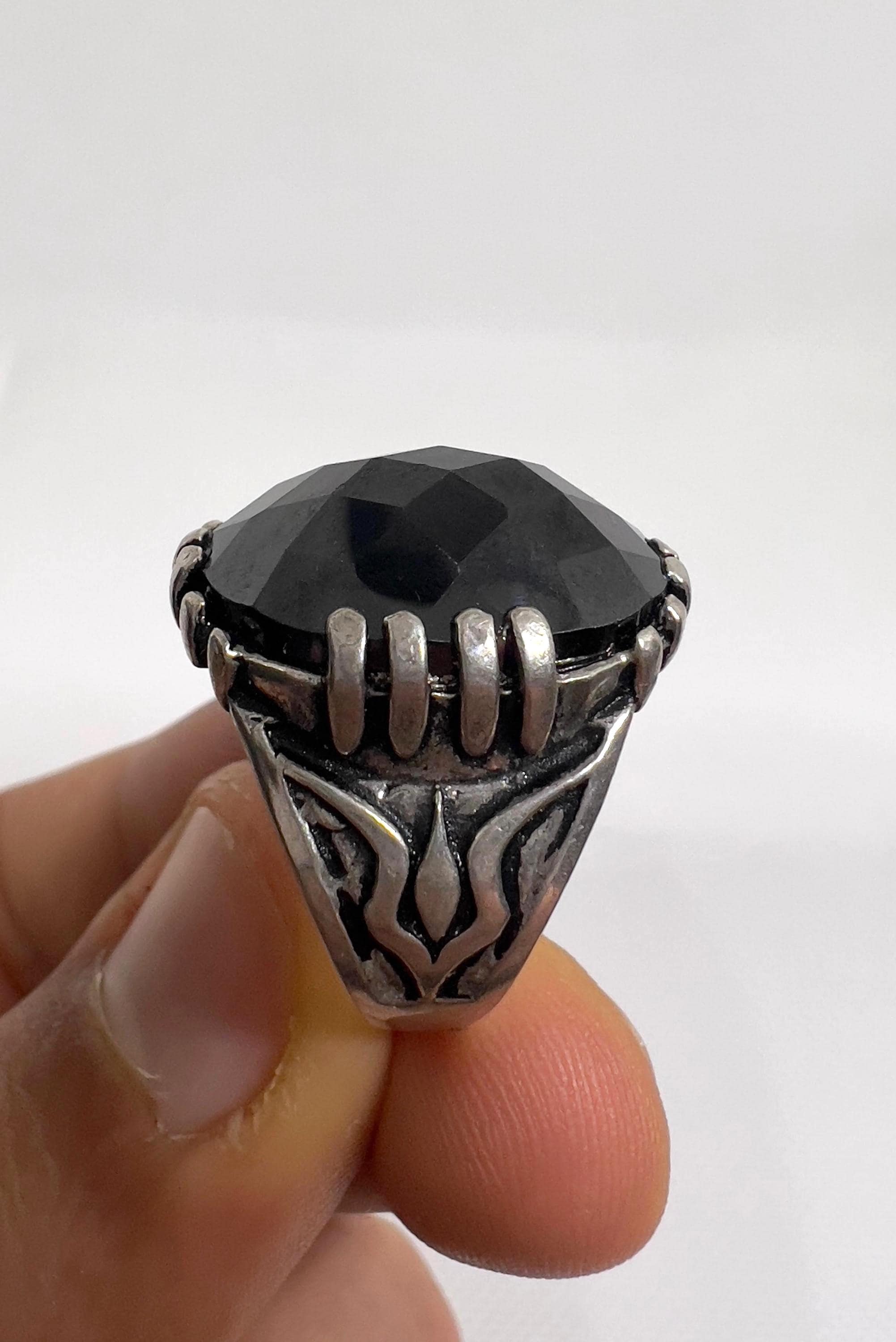 Vintage Biker Sterling Silver Ring: Black Onyx Oval Stone, Handmade Amazigh Design