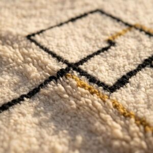 Berber Ivory Architectural Wool Rug, Black Grid Line Beni Ourain Carpet, Bauhaus Modern Shag Home