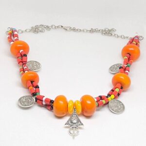 Handmade Berber Necklace: Antique Silver Coins, Coral & Faux Amber