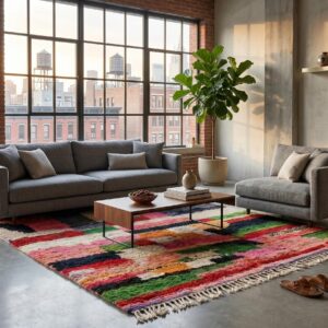 Tribal Wool Rug Multicolor - Handwoven Boujaad Berber Carpet, Pink Green Color Block Boho Custom Living Room Area Rug