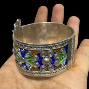 Vintage Berber Sterling Silver Cuff Bracelet: Ethnic Tribal Handcrafted Kabyle Enamel Silver Jewelry