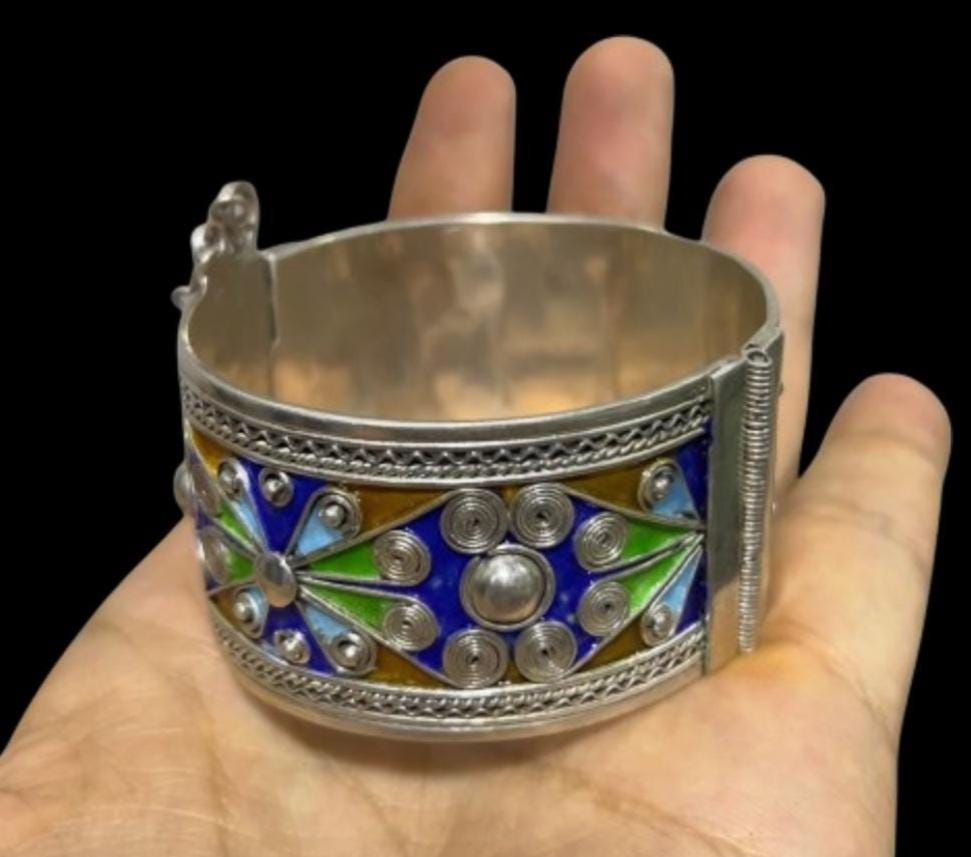 Vintage Berber Sterling Silver Cuff Bracelet: Ethnic Tribal Handcrafted Kabyle Enamel Silver Jewelry