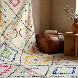 Hand-knotted Ivory Beni Ourain Wool Rug, Colorful Berber Symbols, Plush Shag Carpet