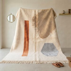 Berber Authentic Beni Ourain Rug, Abstract Rust Beige Wool Carpet, Plush Shag Living Room Decor