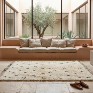 Hand-knotted Beni Ourain Wool Rug, Cream Berber Symbols, Boho Bedroom Decor