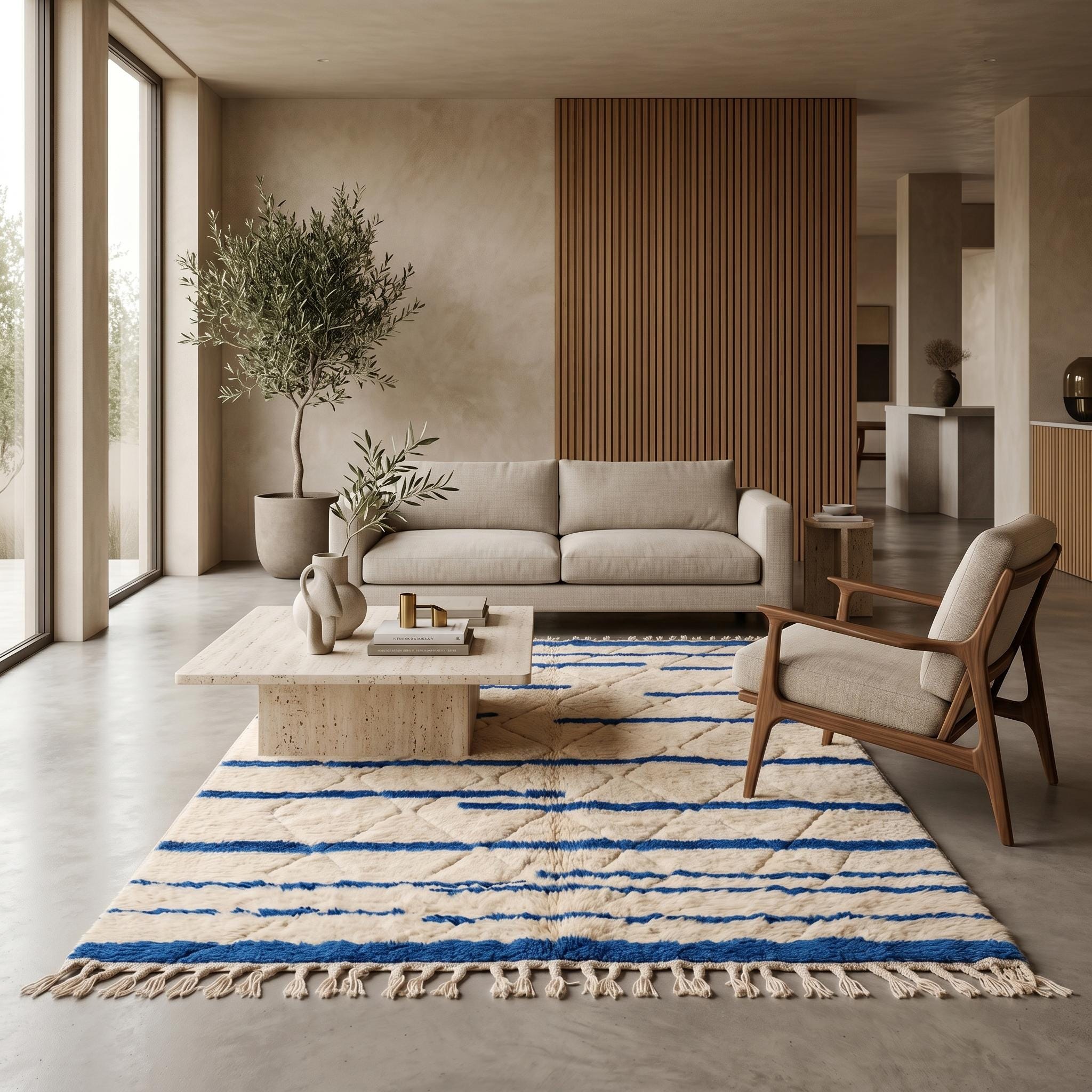 Beni Ourain Rug - Ivory Blue Wool Rug - Handmade Diamond Stripe Rug - Coastal Area Rug - Berber Carpet - Multiple Sizes