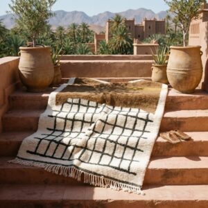 Chocolate Brown Grid Amazigh Rug, Hand-Knotted Beni Ourain Wool Carpet, Earthy Modern Shag