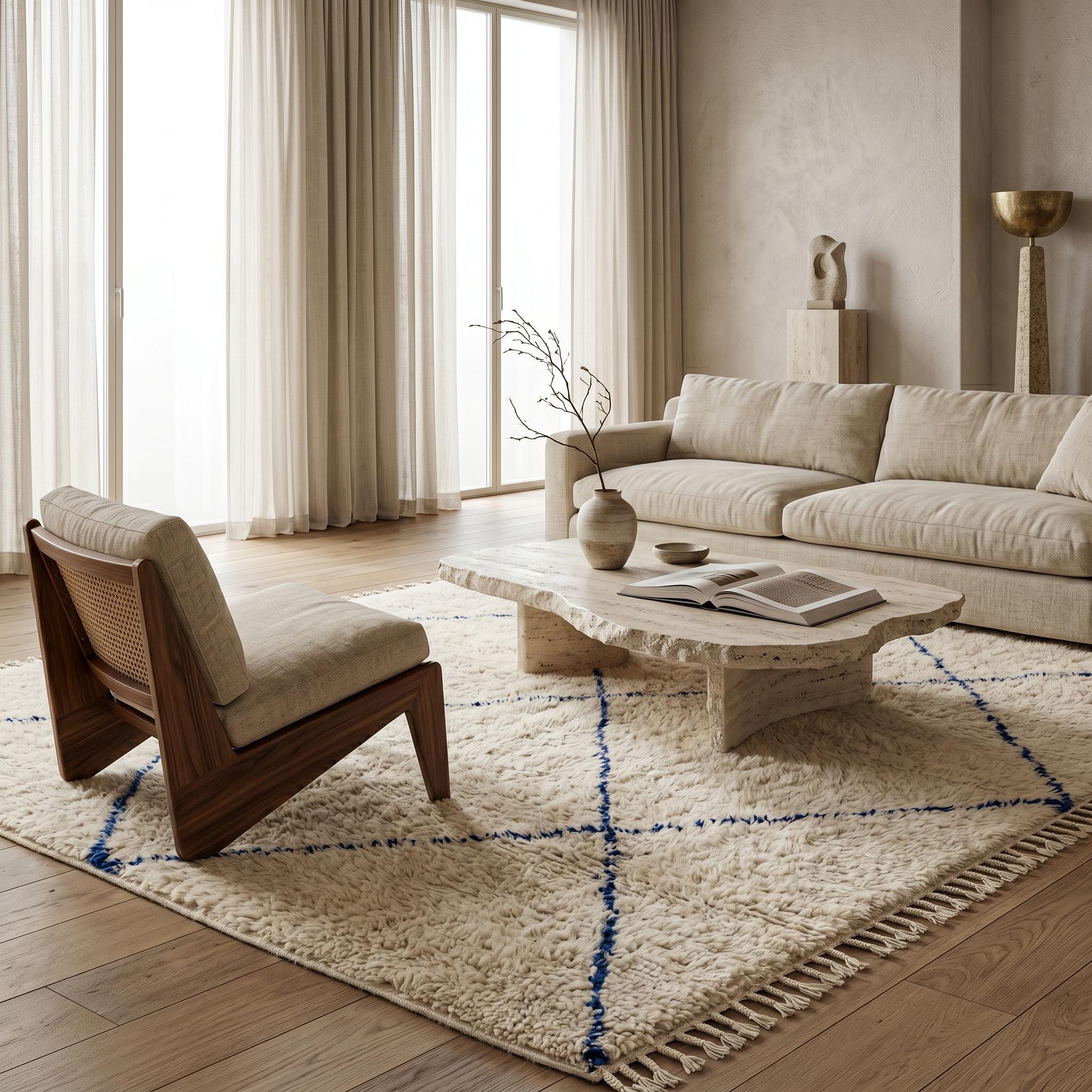 Beni Ourain Rug - Ivory Royal Blue Wool Rug - Handmade Diamond Rug - Coastal Area Rug - Berber Carpet - Multiple Sizes