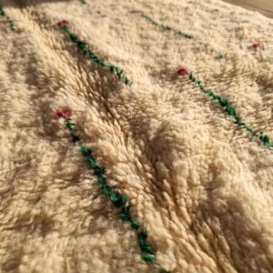 Berber Shag Rug - Ivory Wool with Green Stem & Pink Flower Motifs, Soft Handmade Area Rug