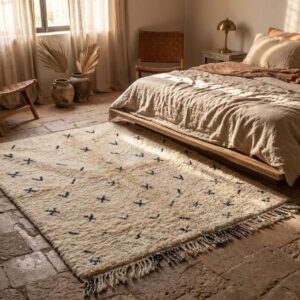 Hand-knotted Beni Ourain Wool Rug, Cream Berber Symbols, Boho Bedroom Decor
