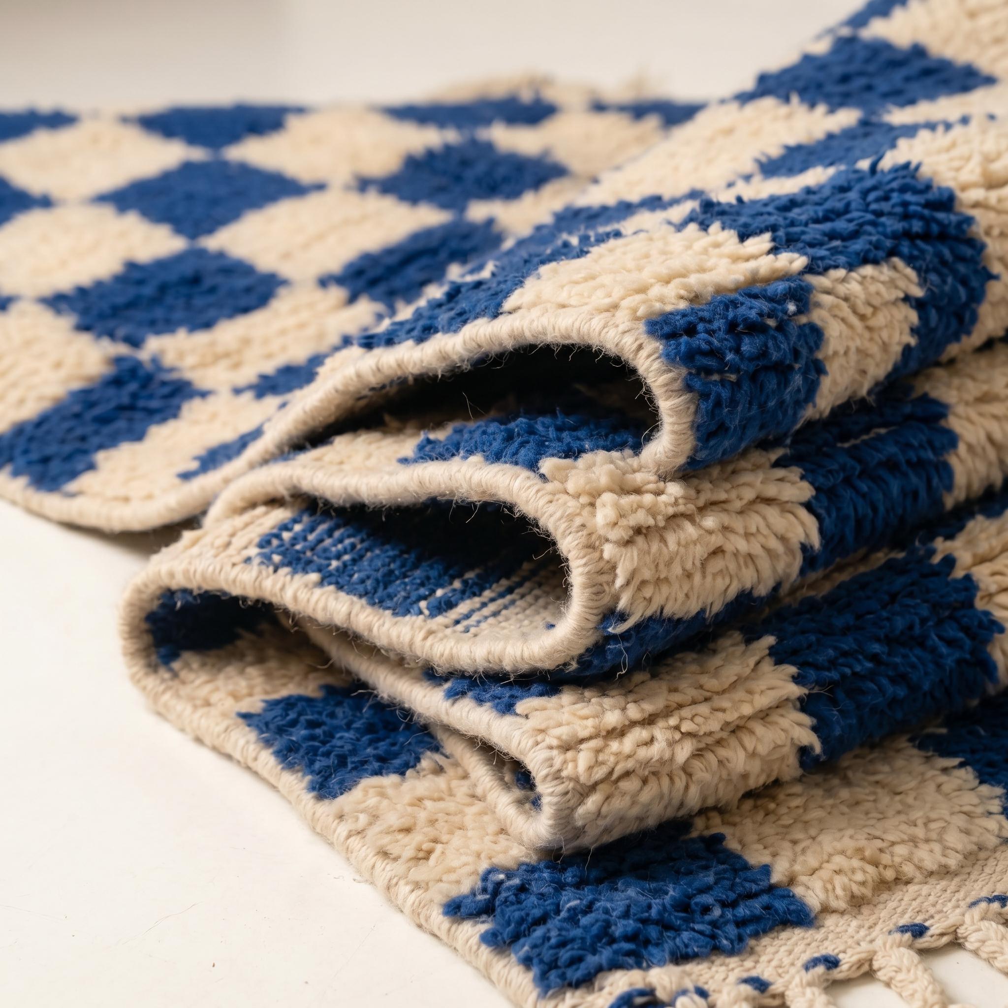 Checkered Rug - Royal Blue Ivory Wool Rug - Handmade Checker Rug - Bold Area Rug - Graphic Berber Carpet - Multiple Sizes