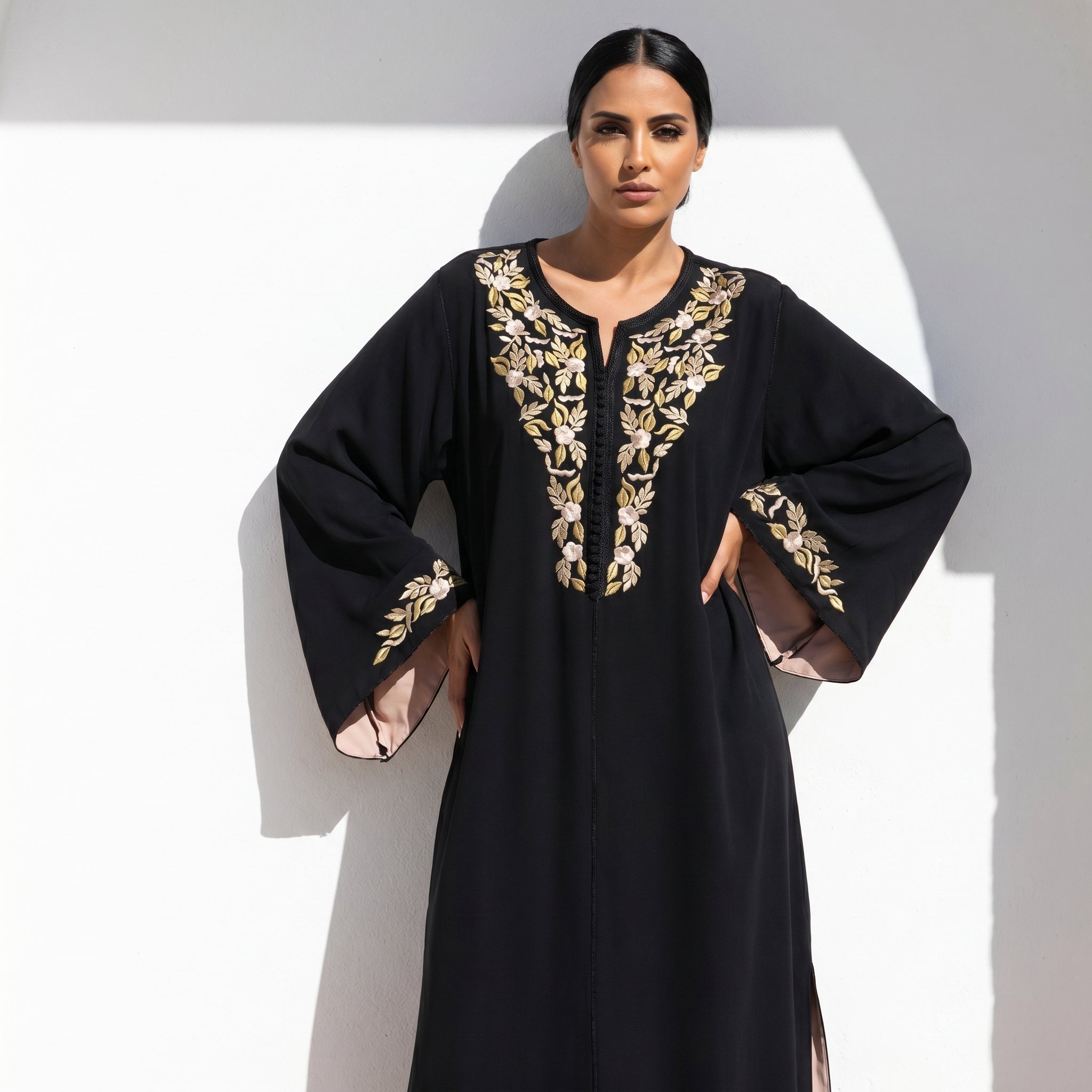 noir Kaftan - Beige Motif Occasion Wear