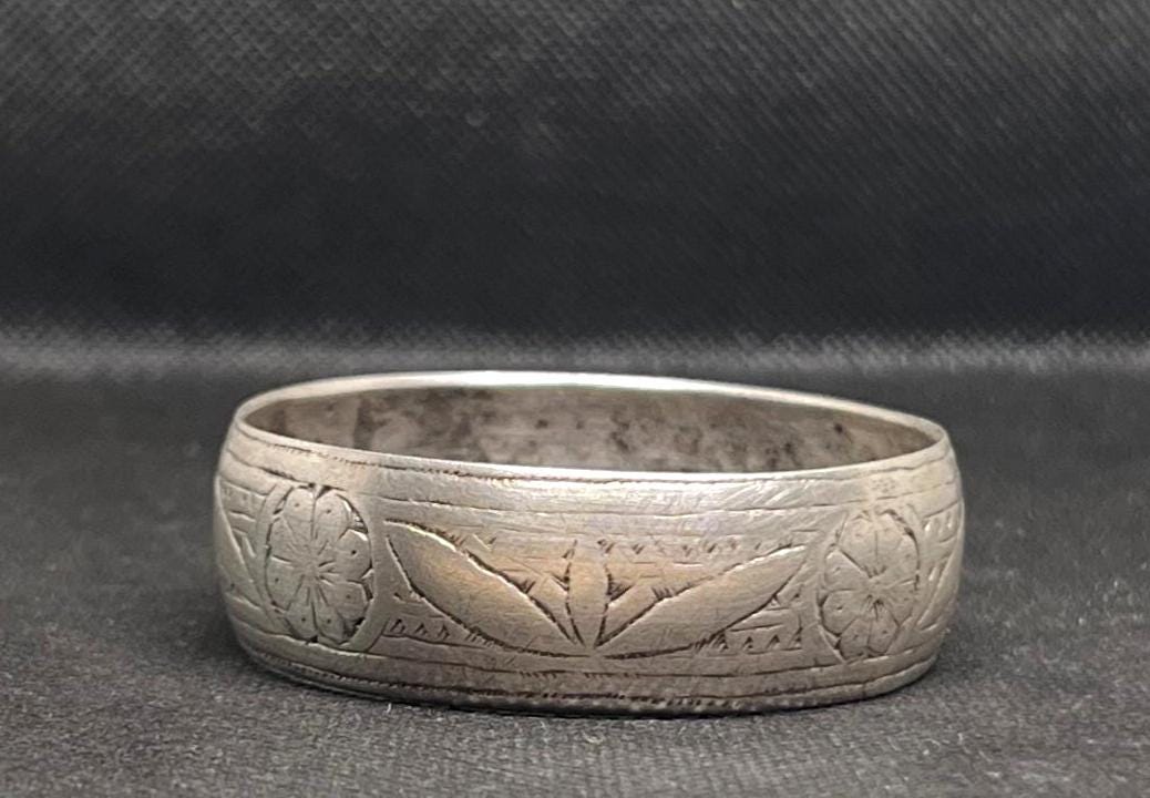Antique Berber Silver Cuff Bangle Bracelet: Old Rose Flower Ethnic Tribal Jewelry, 1940s Made