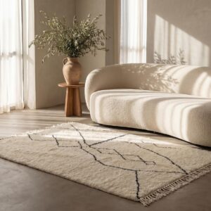 Hand-Knotted Ivory Wool Rug, Minimalist Black Diamond Berber Carpet, Scandinavian Shag Home
