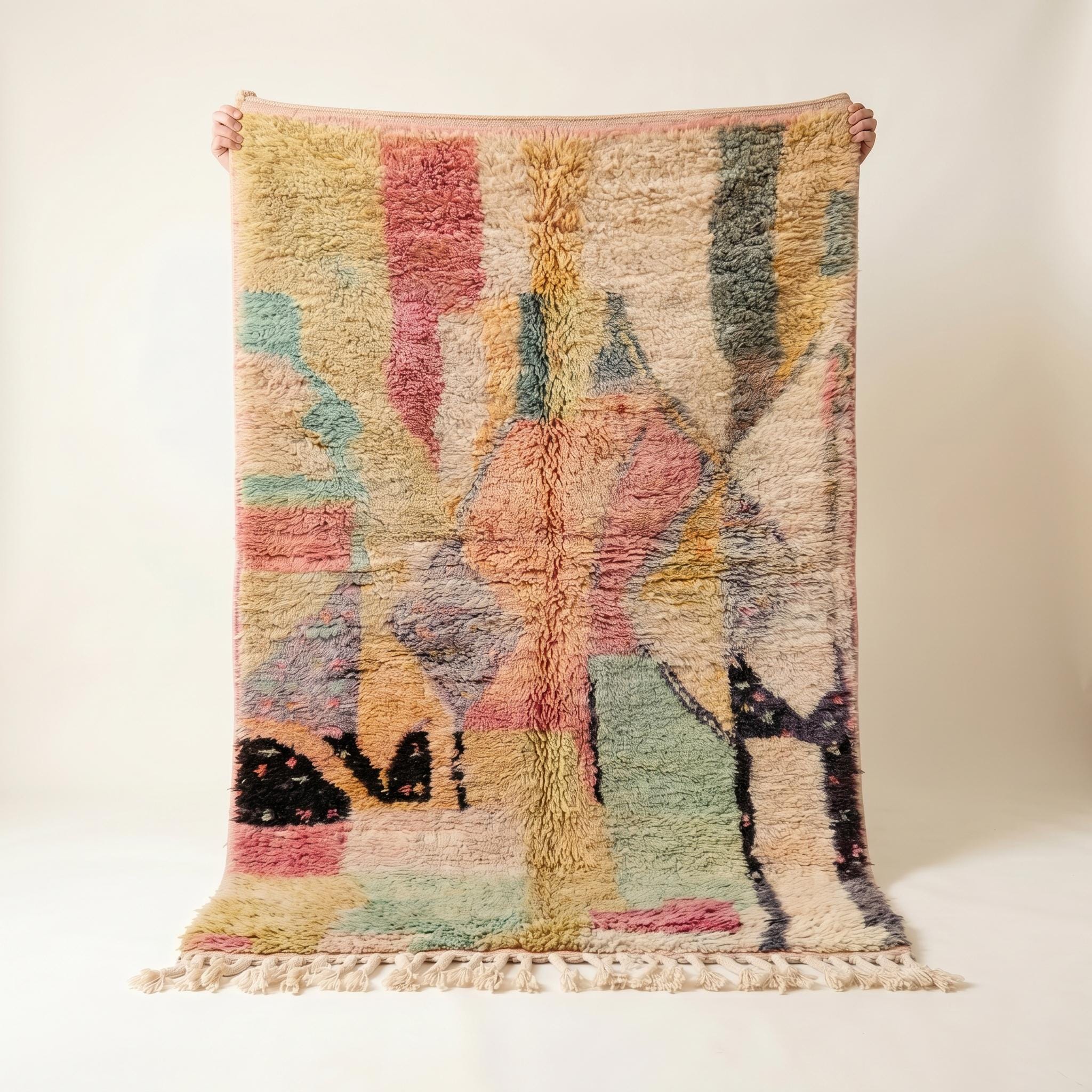 Boujaad Rug - Pink Sage Pastel Multicolor Wool Rug - Handmade Abstract Art Rug - One of a Kind Boho Berber Carpet