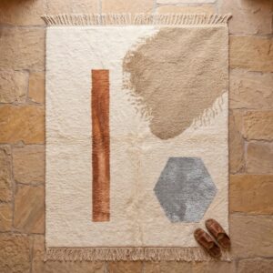 Berber Authentic Beni Ourain Rug, Abstract Rust Beige Wool Carpet, Plush Shag Living Room Decor