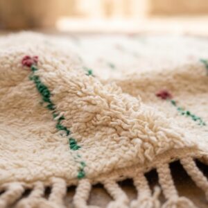 Berber Shag Rug - Ivory Wool with Green Stem & Pink Flower Motifs, Soft Handmade Area Rug
