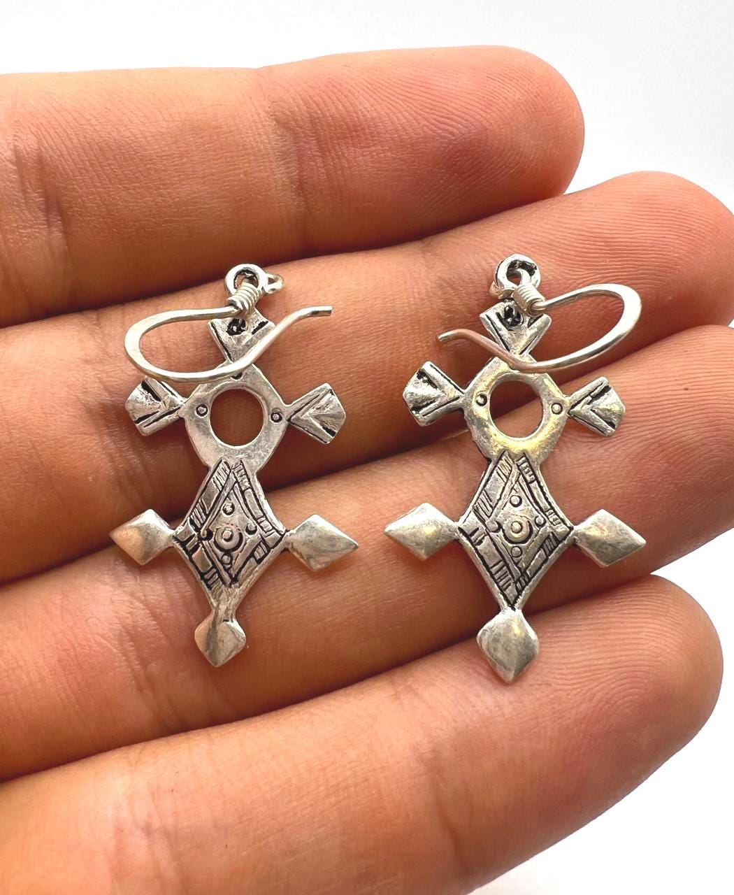 Tuareg Croix du Sud Sterling Silver Spiral Bohemian Cross Earrings: Berber Tribal Ethnic Jewelry