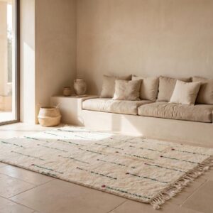 Berber Shag Rug - Ivory Wool with Green Stem & Pink Flower Motifs, Soft Handmade Area Rug