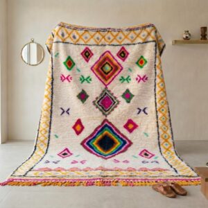Amazigh Handmade Beni Ourain Wool Rug, Rainbow Diamond Shag Carpet, Boho Eclectic Ivory Pink Green