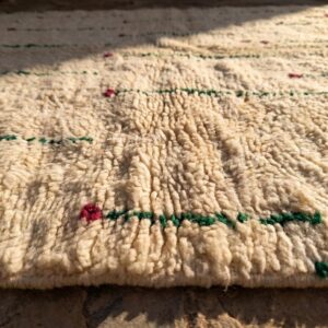 Berber Shag Rug - Ivory Wool with Green Stem & Pink Flower Motifs, Soft Handmade Area Rug