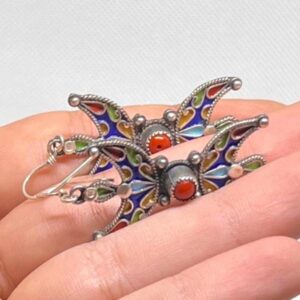 Berber Enamel Coral Sterling Silver Earrings: Amazigh Yaz Symbol Tribal Jewelry