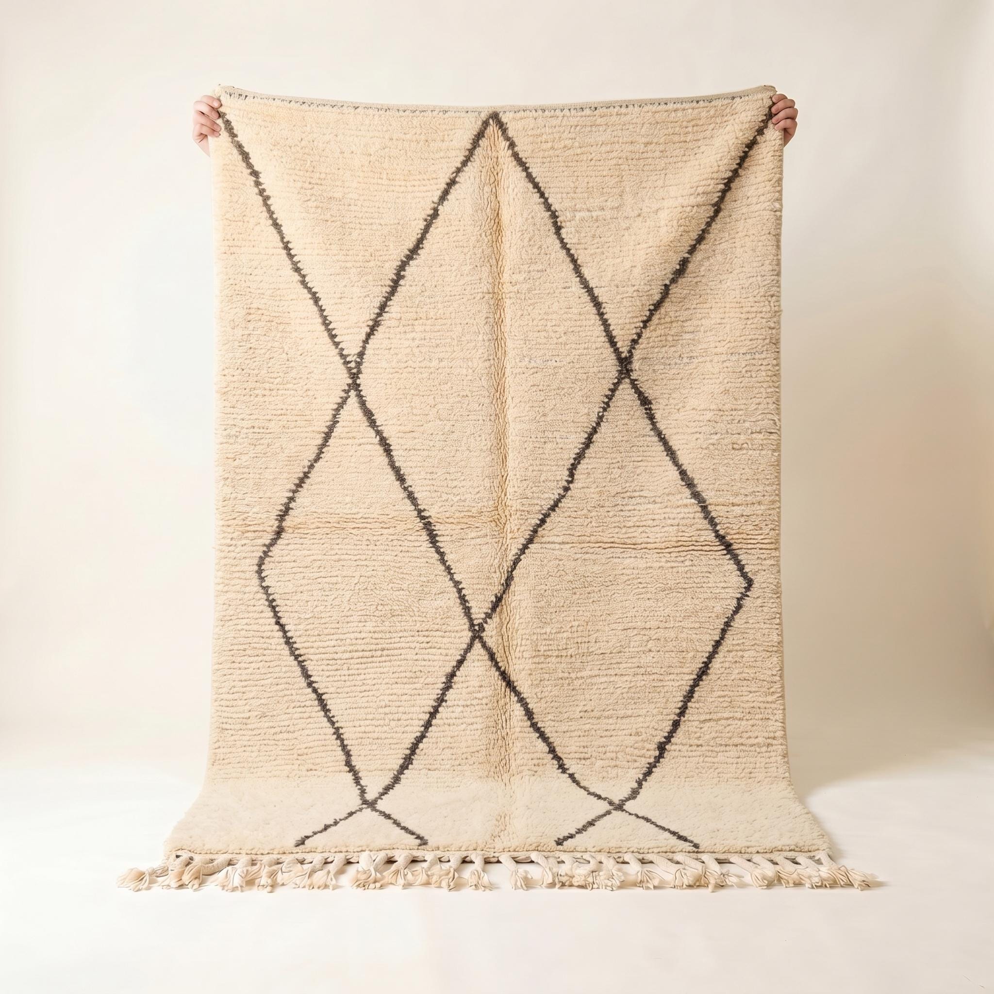 Beni Ourain Rug - Ivory Charcoal Wool Rug - Handmade Diamond Rug - Neutral Area Rug - Berber Carpet - Multiple Sizes