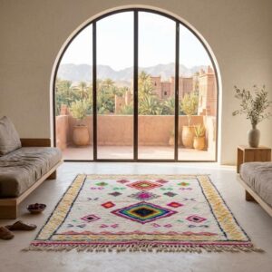 Amazigh Handmade Beni Ourain Wool Rug, Rainbow Diamond Shag Carpet, Boho Eclectic Ivory Pink Green