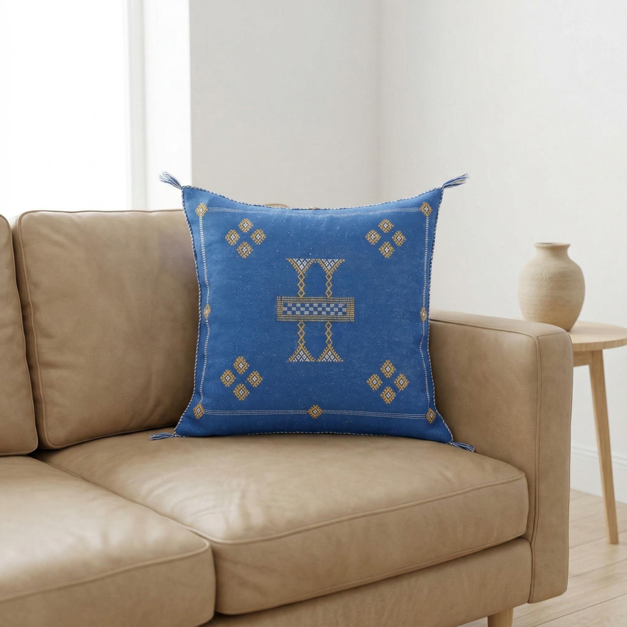 Berber Blue Cactus Silk Handmade Sabra Cushion Pillow