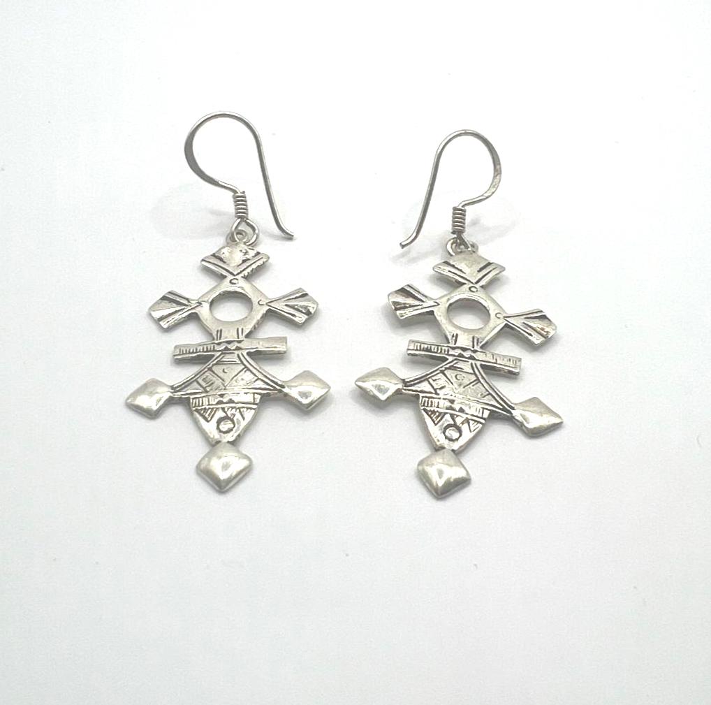 Tuareg Croix du Sud Sterling Silver Spiral Bohemian Cross Earrings: Berber Tribal Ethnic Jewelry