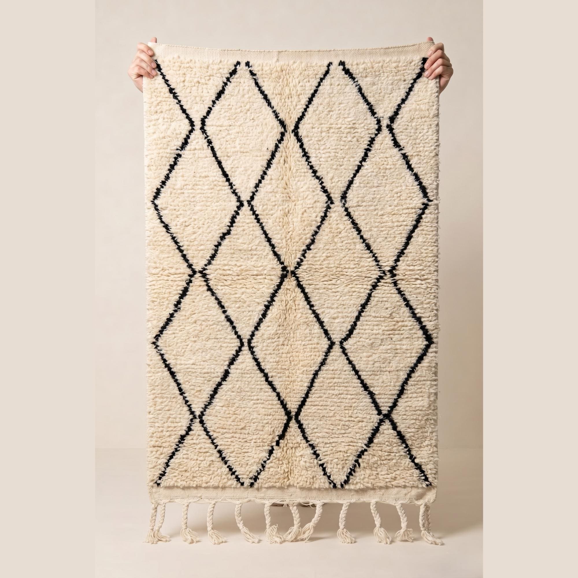 Beni Ourain Rug - Fluffy Ivory Black Wool Rug - Large Diamond Rug - Handmade Berber Carpet - Boho Area Rug - Multiple Sizes