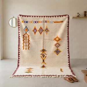 Handmade Beni Ourain Amazigh Rug, Ivory Wool Shag, Saffron Purple Amber Totem Carpet