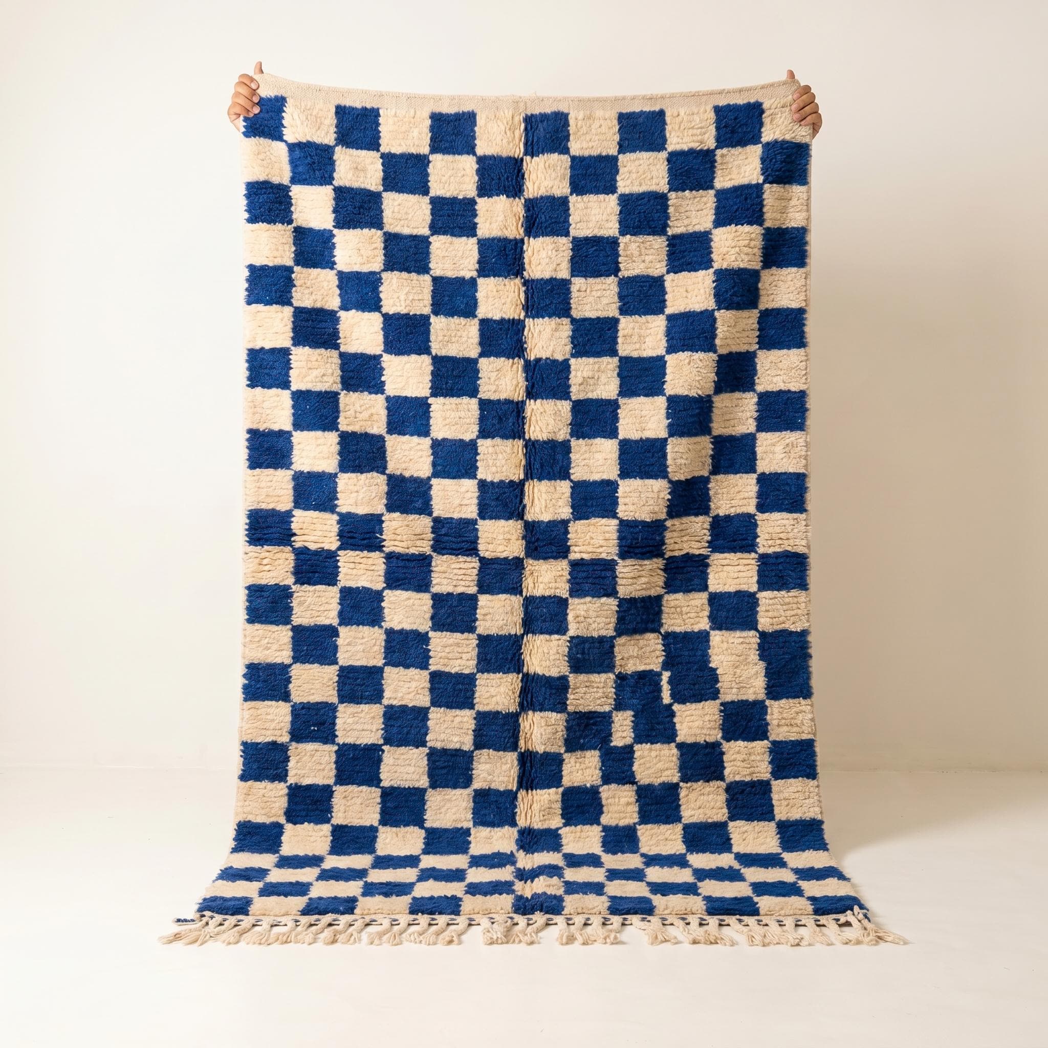 Checkered Rug - Royal Blue Ivory Wool Rug - Handmade Checker Rug - Bold Area Rug - Graphic Berber Carpet - Multiple Sizes