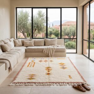 Handmade Beni Ourain Amazigh Rug, Ivory Wool Shag, Saffron Purple Amber Totem Carpet