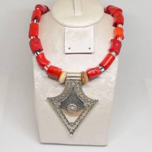 Antique Berber Coral Necklace: Sterling Silver Tuareg Tibetan Pendant, Jewelry