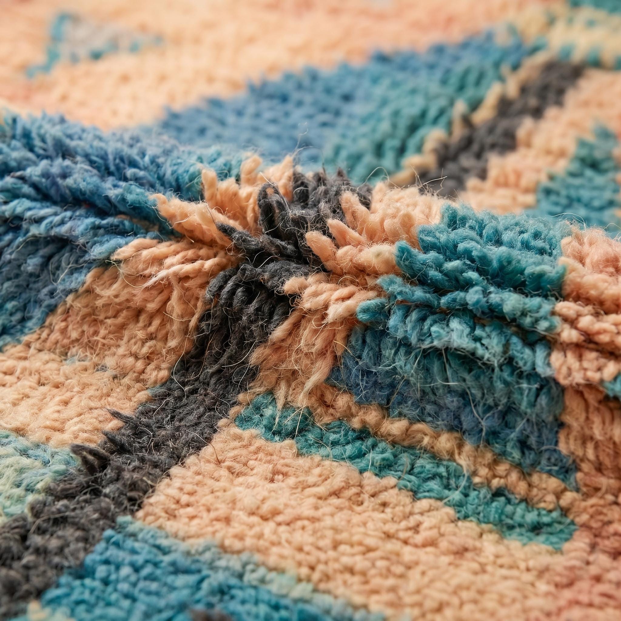 Boujaad Rug - Salmon Pink Teal Wool Rug - Handmade Tribal Symbol Abstract Rug - One of a Kind Boho Berber Carpet
