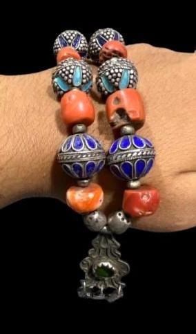 Vintage Coral Lapis Lazuli Necklace, Sterling Silver, Tibetan Tribal Jewelry