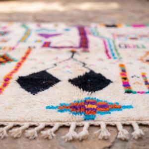 Azilal Rug - Ivory Wool Shag with Multicolor Folk Art Symbols, Handmade Tribal Berber Area Rug