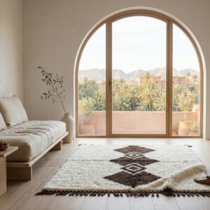 Handwoven Beni Ourain Diamond Wool Rug, Brown Cream Berber Carpet, Boho Living Room Decor