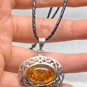 Vintage Baltic Amber Stone Sterling Silver Pendant: Art Round Amber 925 Necklace 17.88g