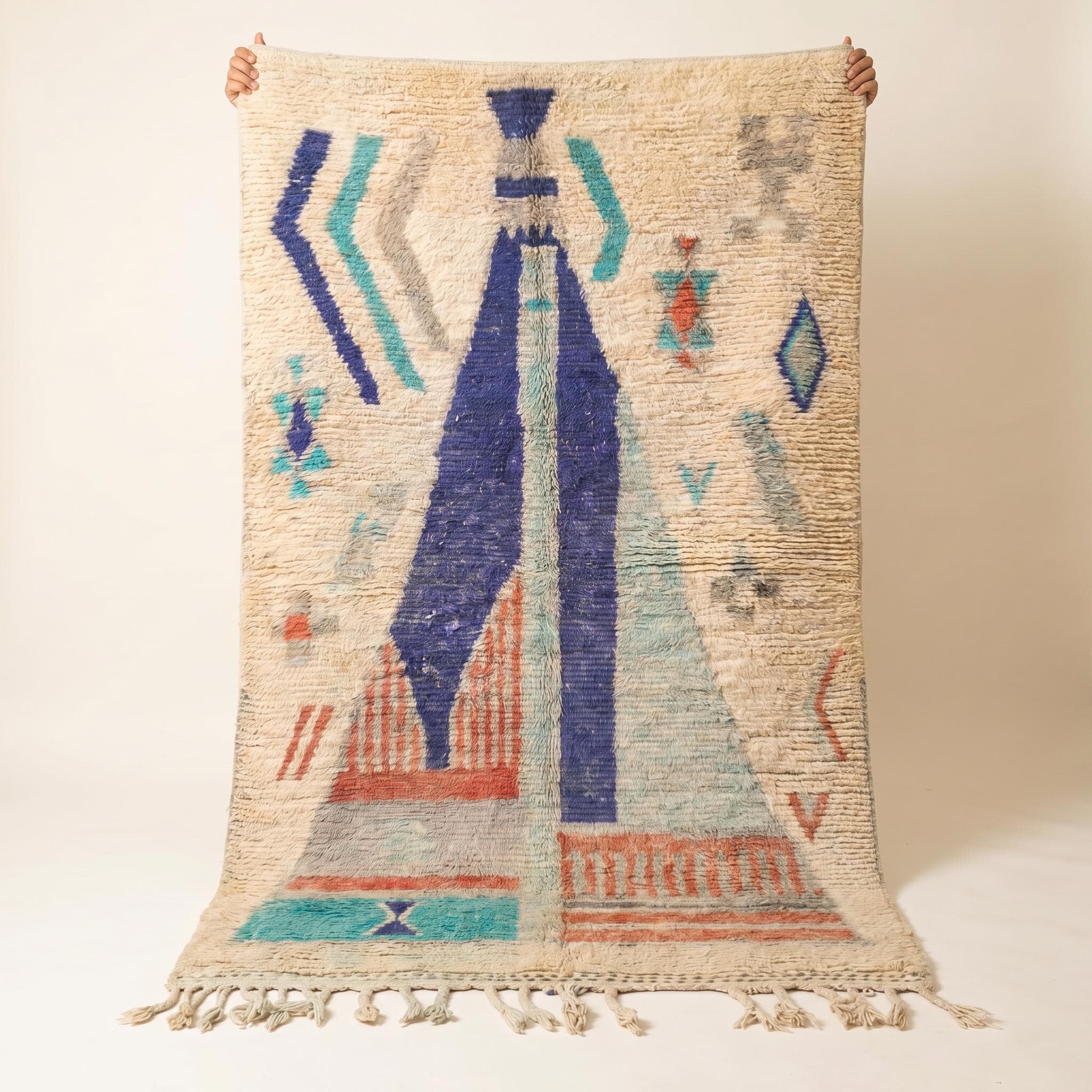 Boujaad Rug 8x5 ft - Ivory Blue Teal Wool Rug - One of a Kind Art Rug - Rare Abstract Berber Carpet - Collector Boho Rug