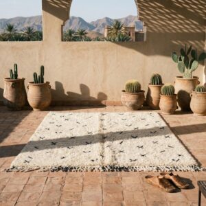 Hand-knotted Beni Ourain Wool Rug, Cream Berber Symbols, Boho Bedroom Decor