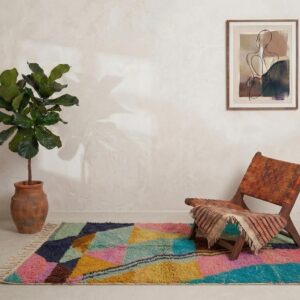 Rug 8x5 ft - Abstract Wool Rug - Color Block Berber Rug - Boho Area Rug Teal Pink - Handmade Living Room Rug - Art Rug