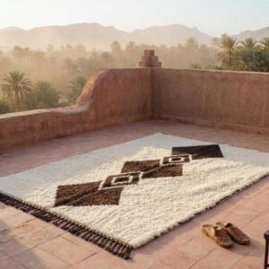 Handwoven Beni Ourain Diamond Wool Rug, Brown Cream Berber Carpet, Boho Living Room Decor